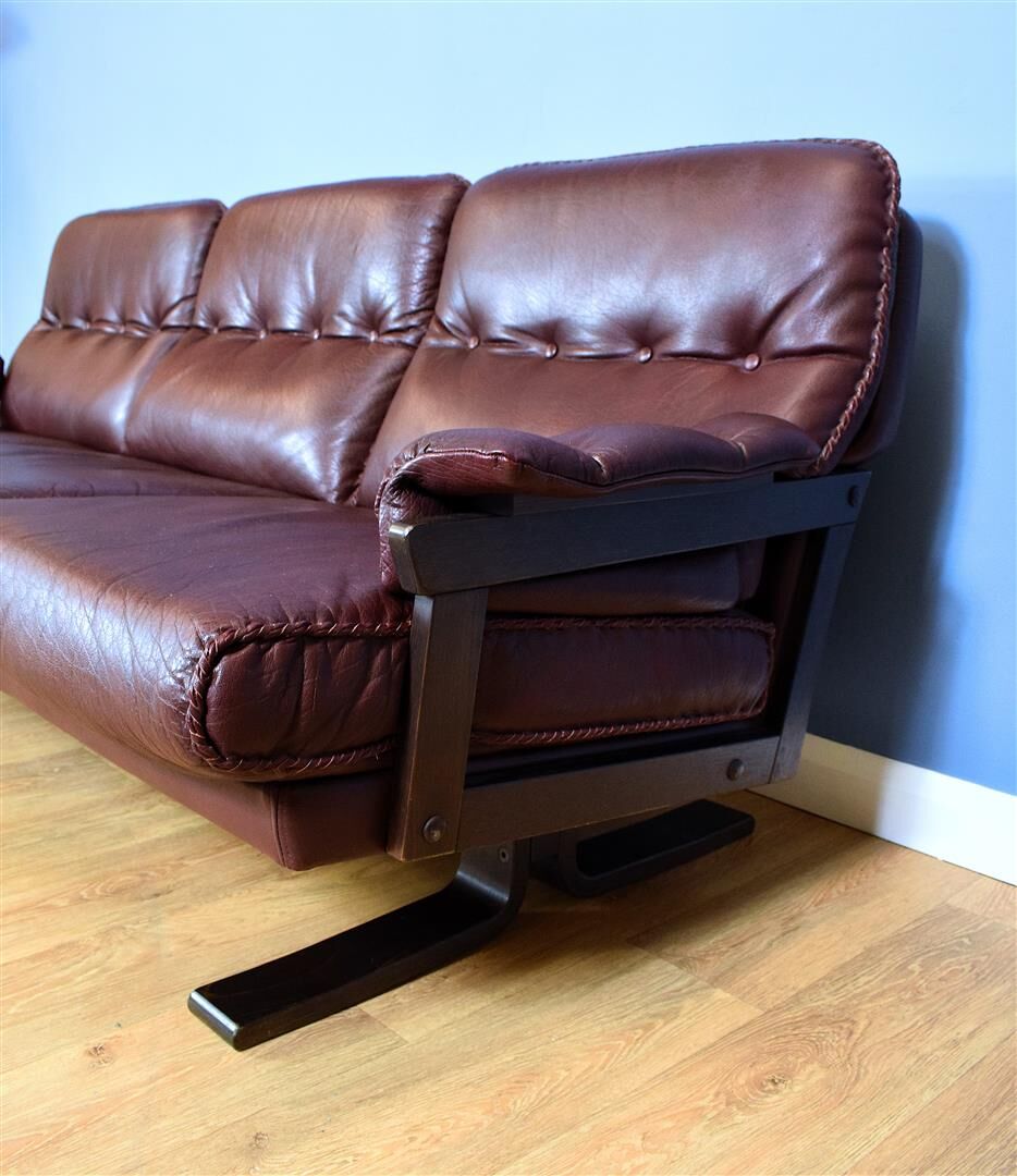 Mid Century Retro Swedish Burgundy Leather Arne Norell 3 Seat Sofa 70s
