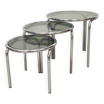Italian design vintage mimiset chrome & smoked glass side tables