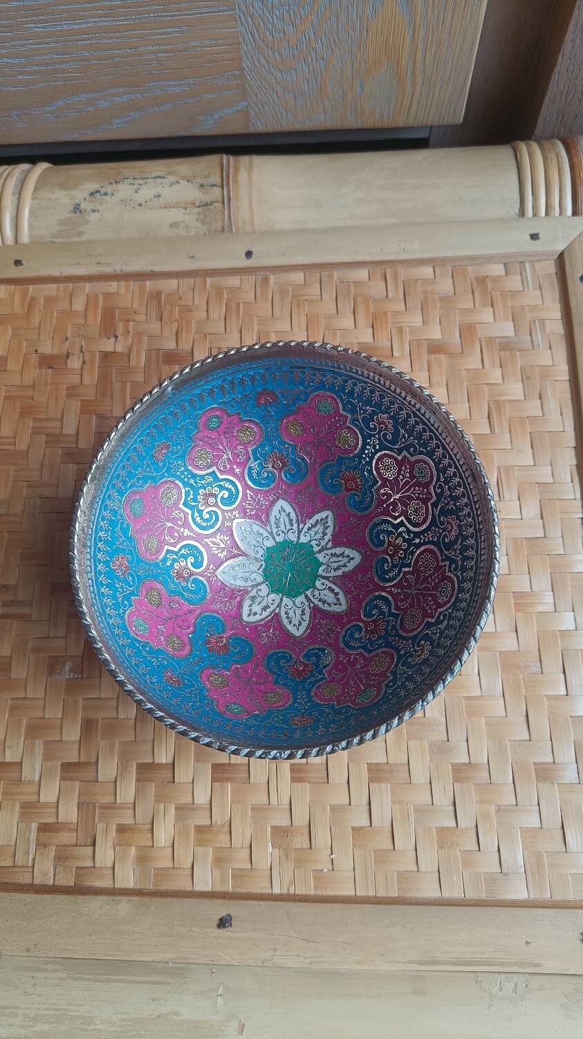 Brass footed bowl with coloured patterns