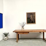 Grande table de ferme brutaliste en hêtre
