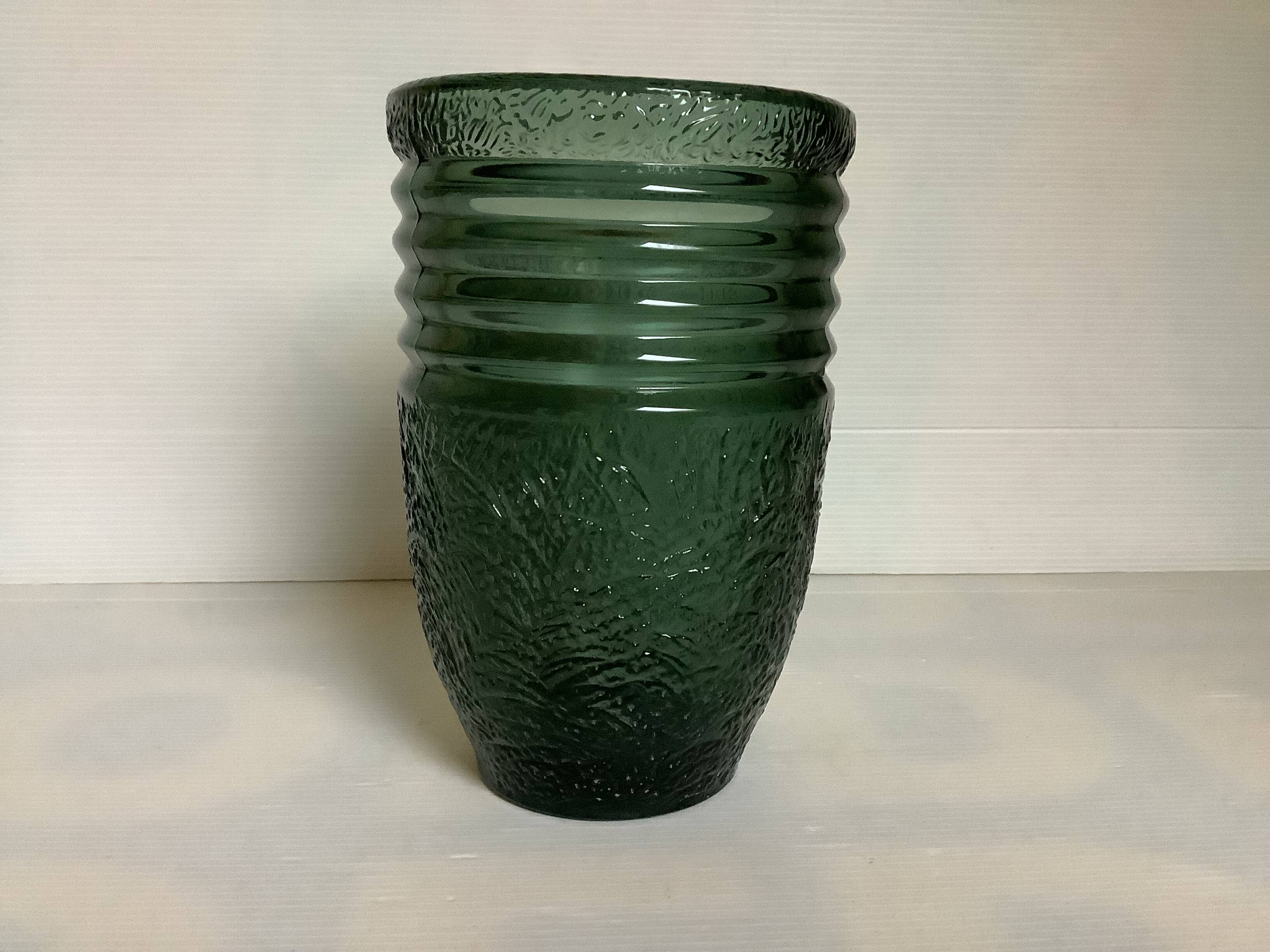 Antique green art deco molded glass vase