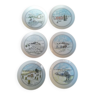 Série de 6 assiettes à dessert en porcelaine - Décors naifs hyvernaux