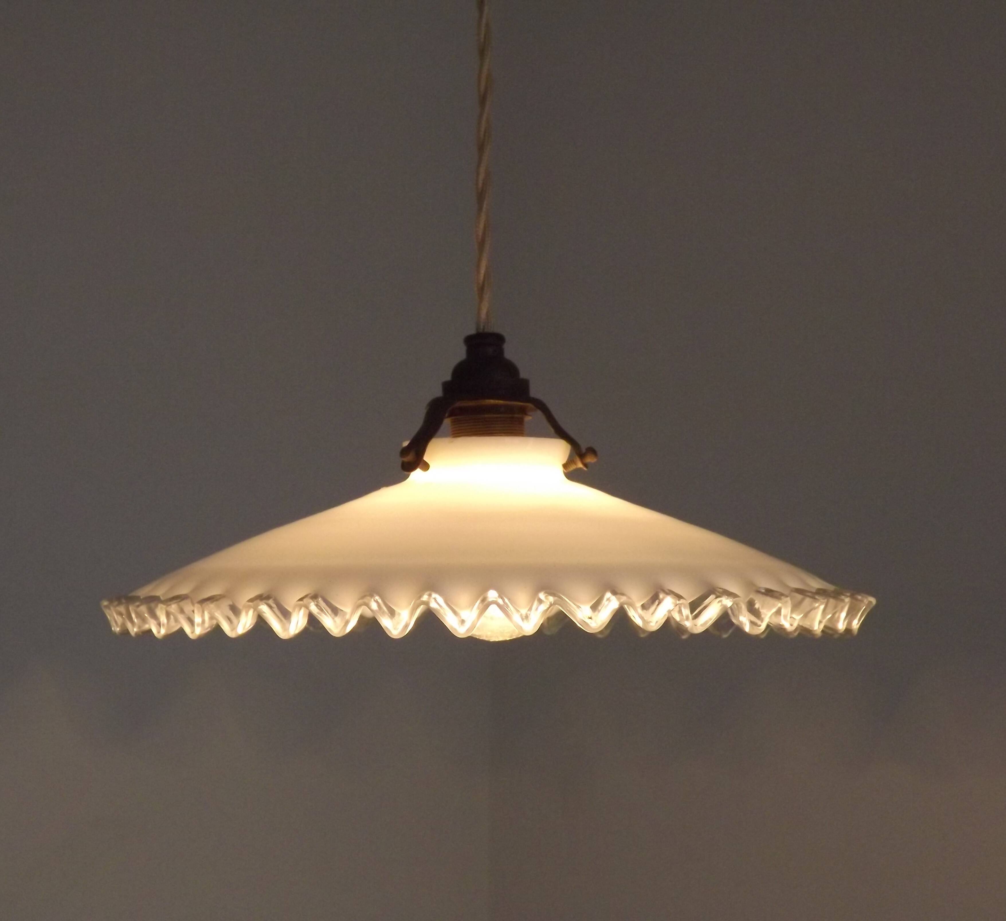 Vintage French Art Deco White Opaline Glass Pendant Light with Frilled Edge 5563