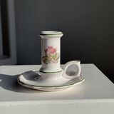 Small vintage hand-held candlestick in earthenware with green trim and floral decoration H10.5