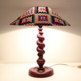 Table lamp in turned wood and printed conical shade