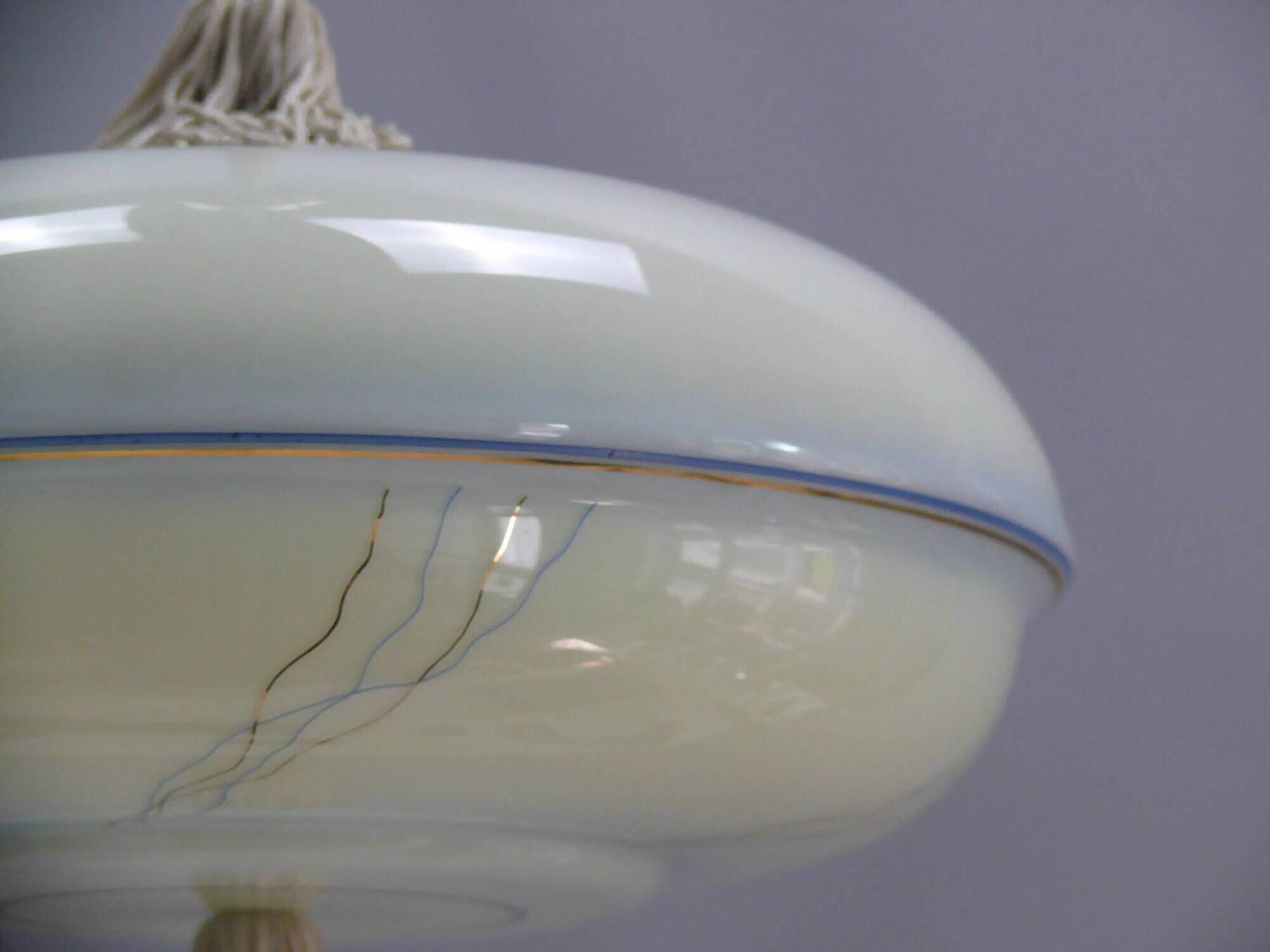 Art Deco rod pendant lamp with brass suspension and decorative glass shade