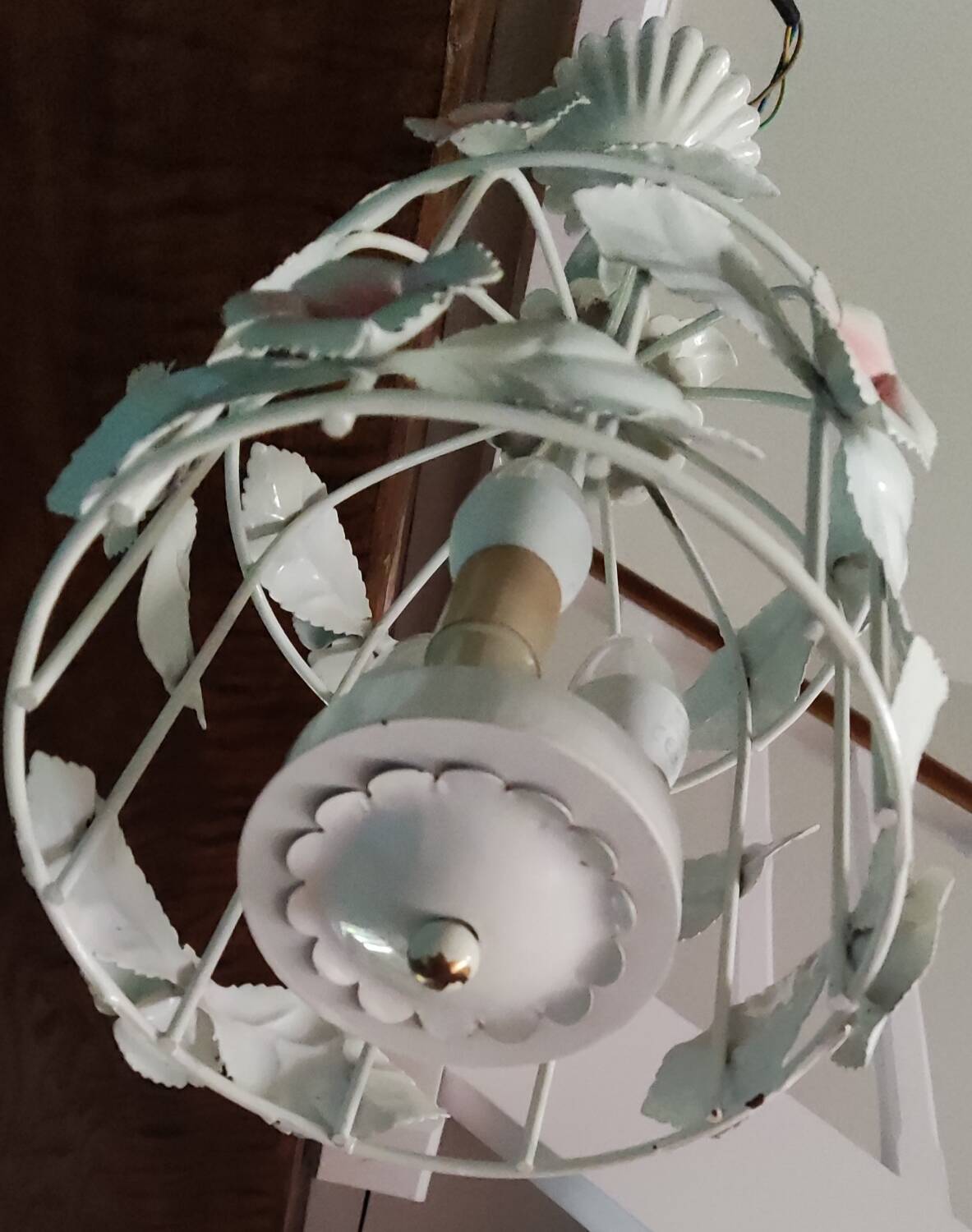 Vintage chandelier cage birds flowers white metal