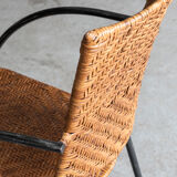 Set of 4 stackable dining chairs in steel and rattan, 1970s