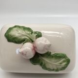 Slurry butter dish, with radish drawings. Signed "FG"