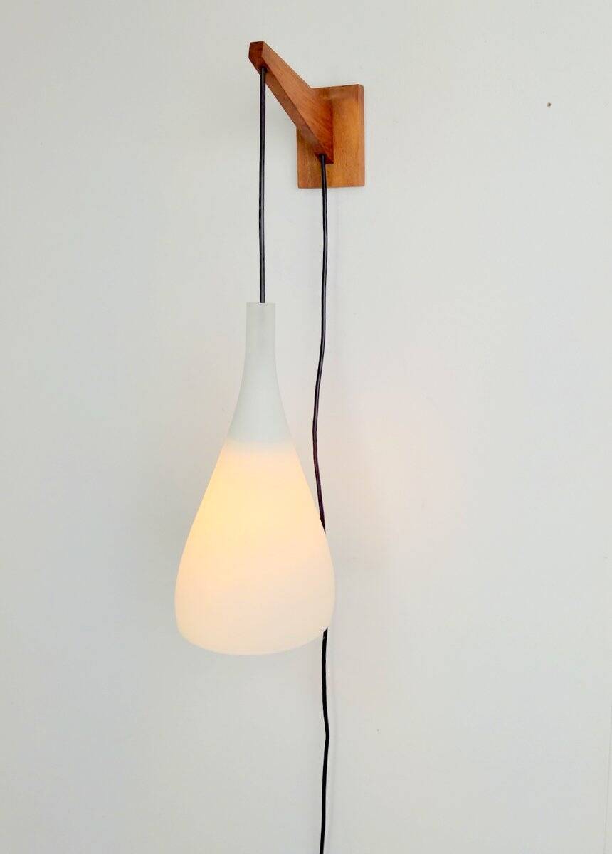 Vintage Tear Drop Wall Lamp in Teak and White Glass, Denmark, 1960s