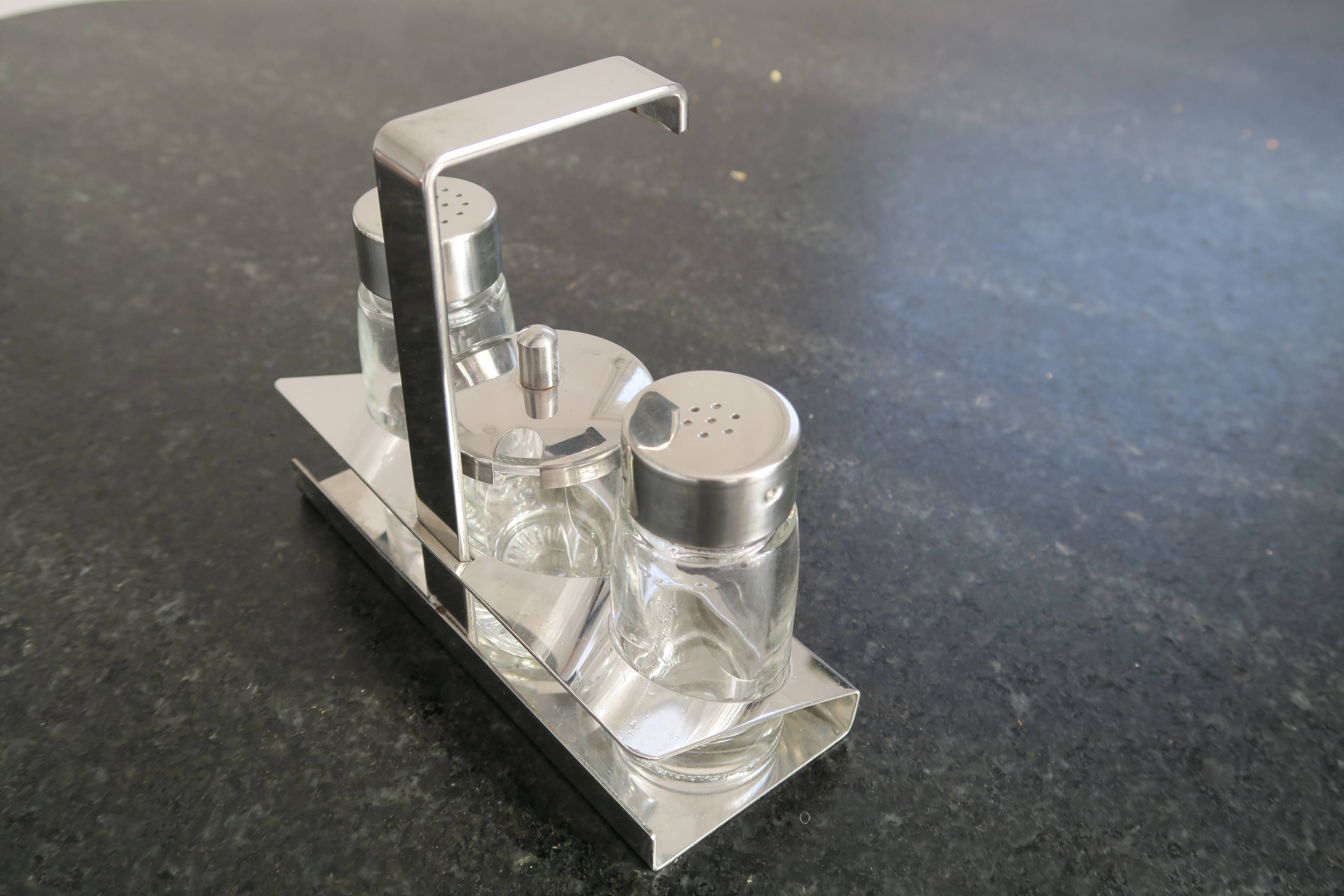 Epsilon condiment service in stainless steel and glass 1970