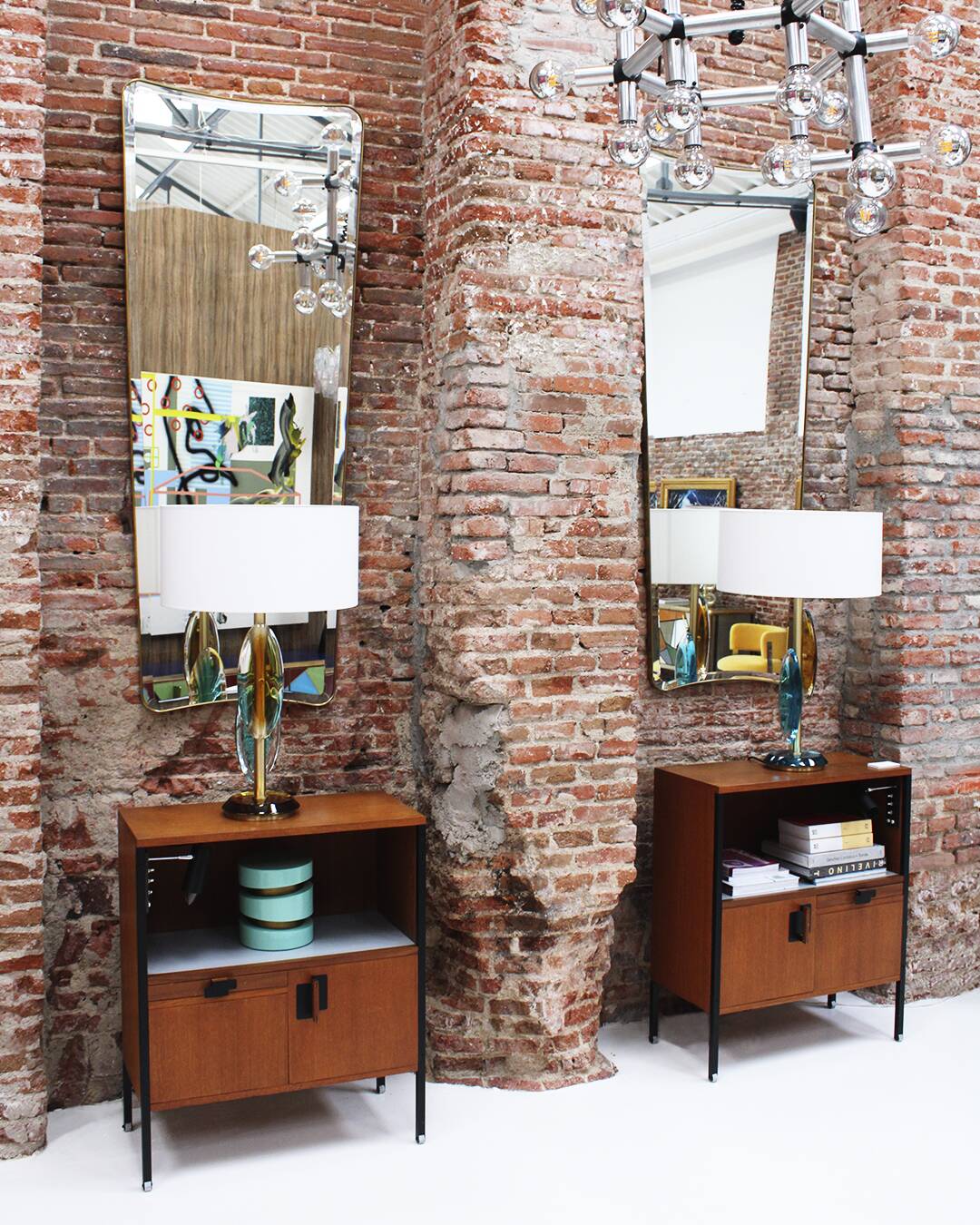 Pair of contemporary Murano glass lamps with a brass structure, made in Italy.