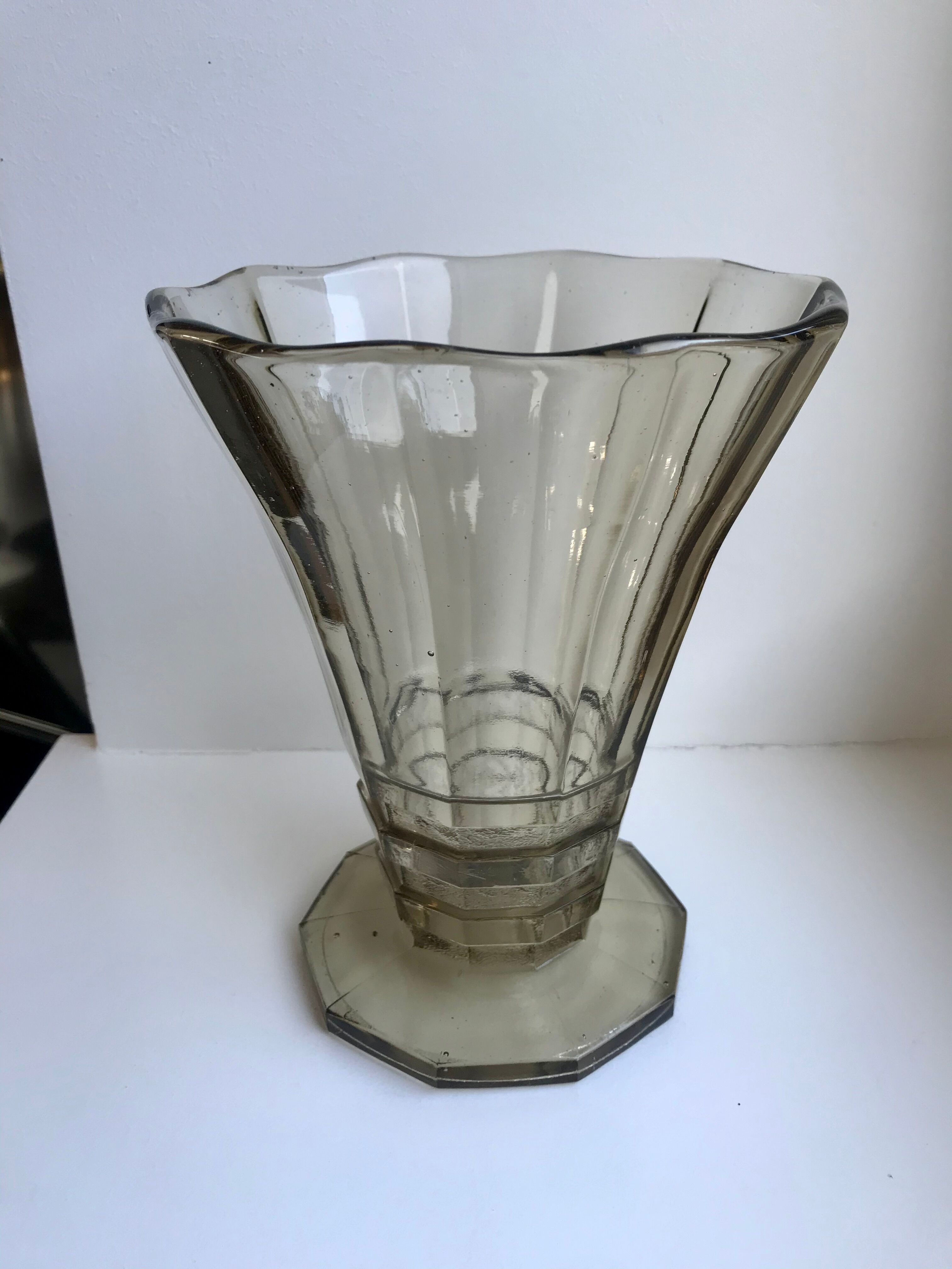 vase in molded and blown smoked glass Made in Belgium 60s-70s