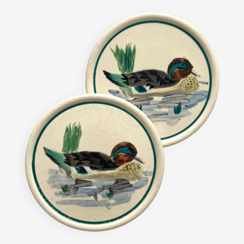 2 dessous de bouteille décor de canards "Nemrod" faïence de Longwy