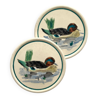2 bottle coasters with duck decoration "Nimrod" Longwy earthenware