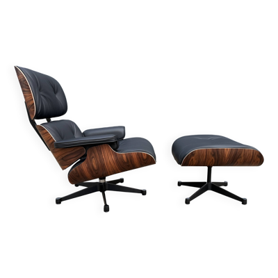 Vitra Eames Lounge chair XL + Ottoman, Zwart leder & Santos Palissander