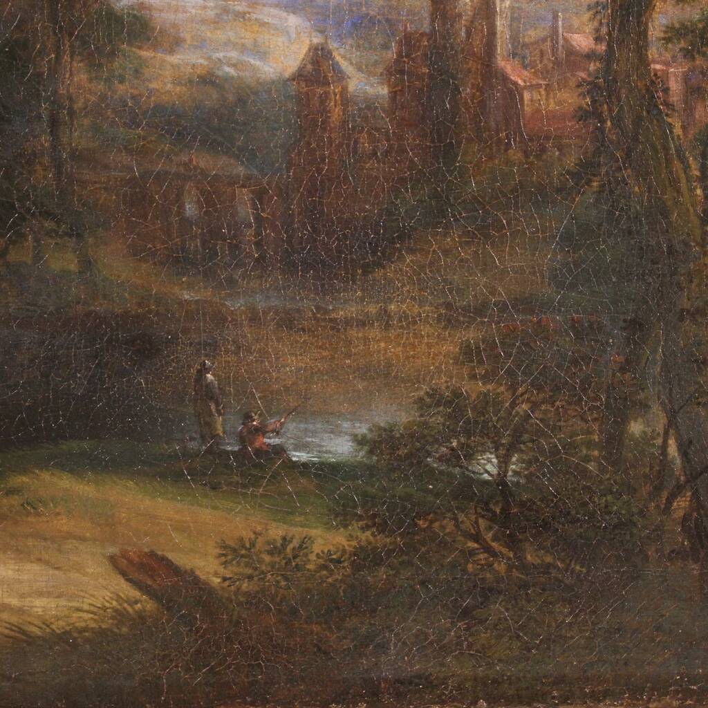 Flemish painting landscape with figures from the 17th century, the apparition of Jesus