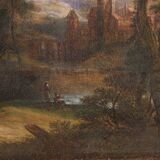 Flemish painting landscape with figures from the 17th century, the apparition of Jesus