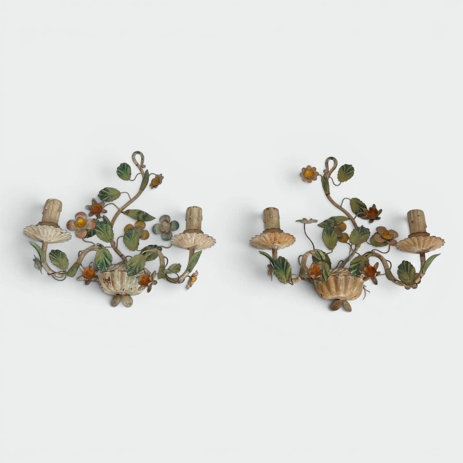 Pair of Wall Lights with Floral Basket in Painted Sheet Metal. Italian Work. Circa 19.