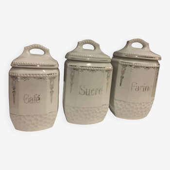Set of 3 white porcelain spice jars accented with silver
