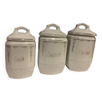 Set of 3 white porcelain spice jars accented with silver