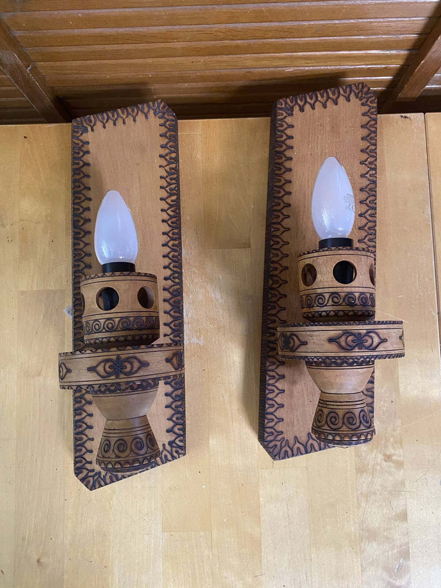 Pair of Vintage Pyrographed Wood Torch Wall Lights Mountain Style #