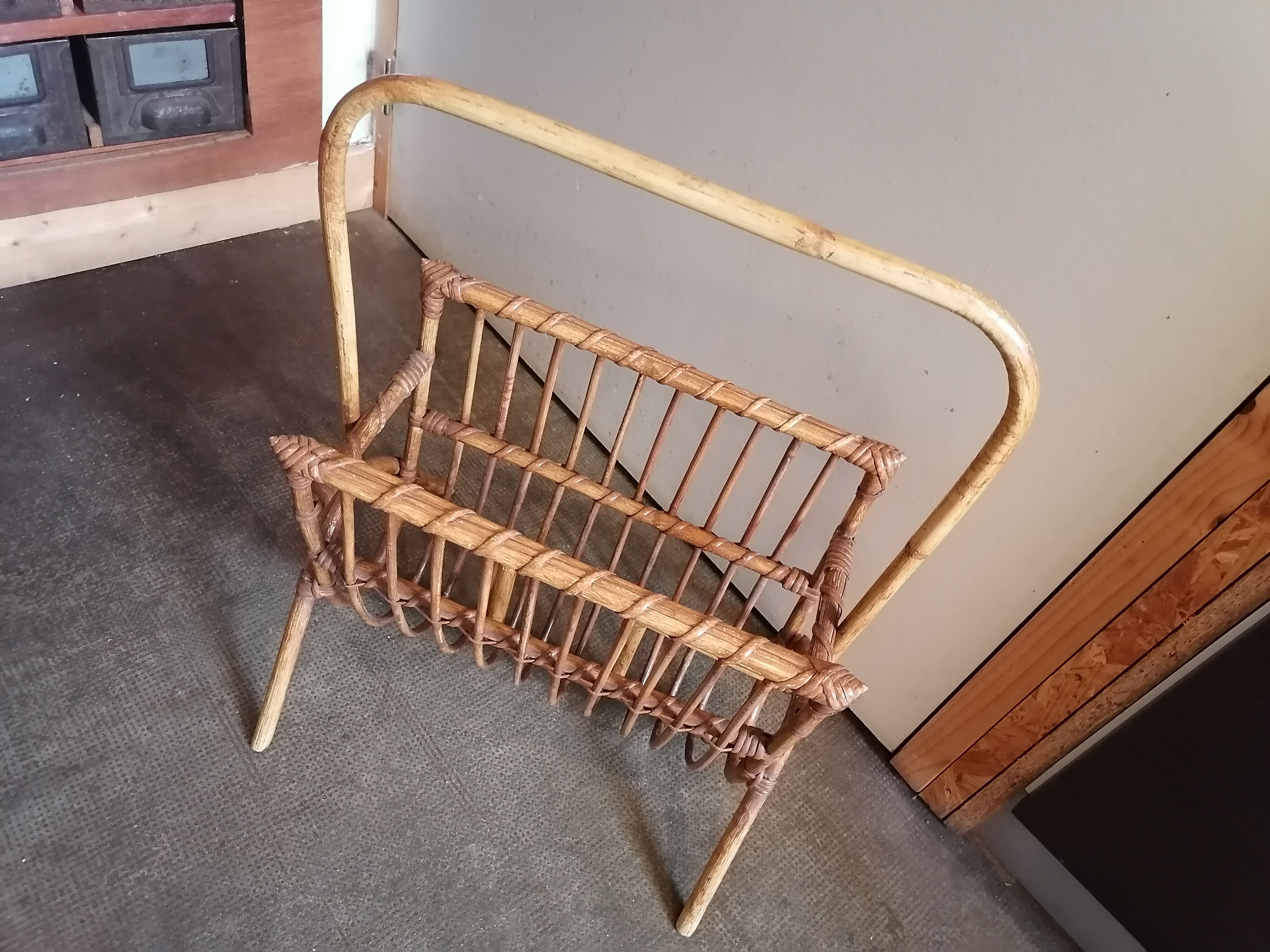 Rattan wicker magazine holder 1970 1960