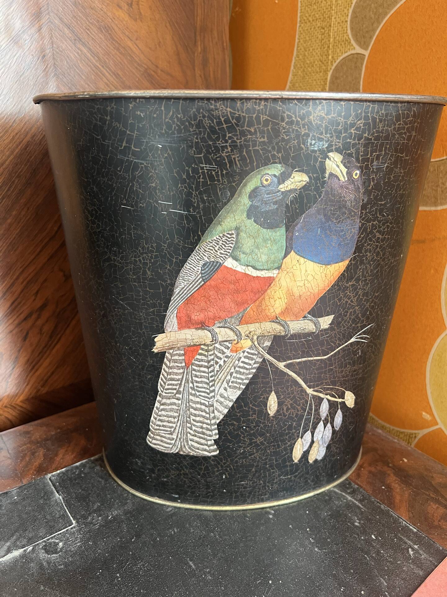 Vintage metal zinc paper bin parrot decor