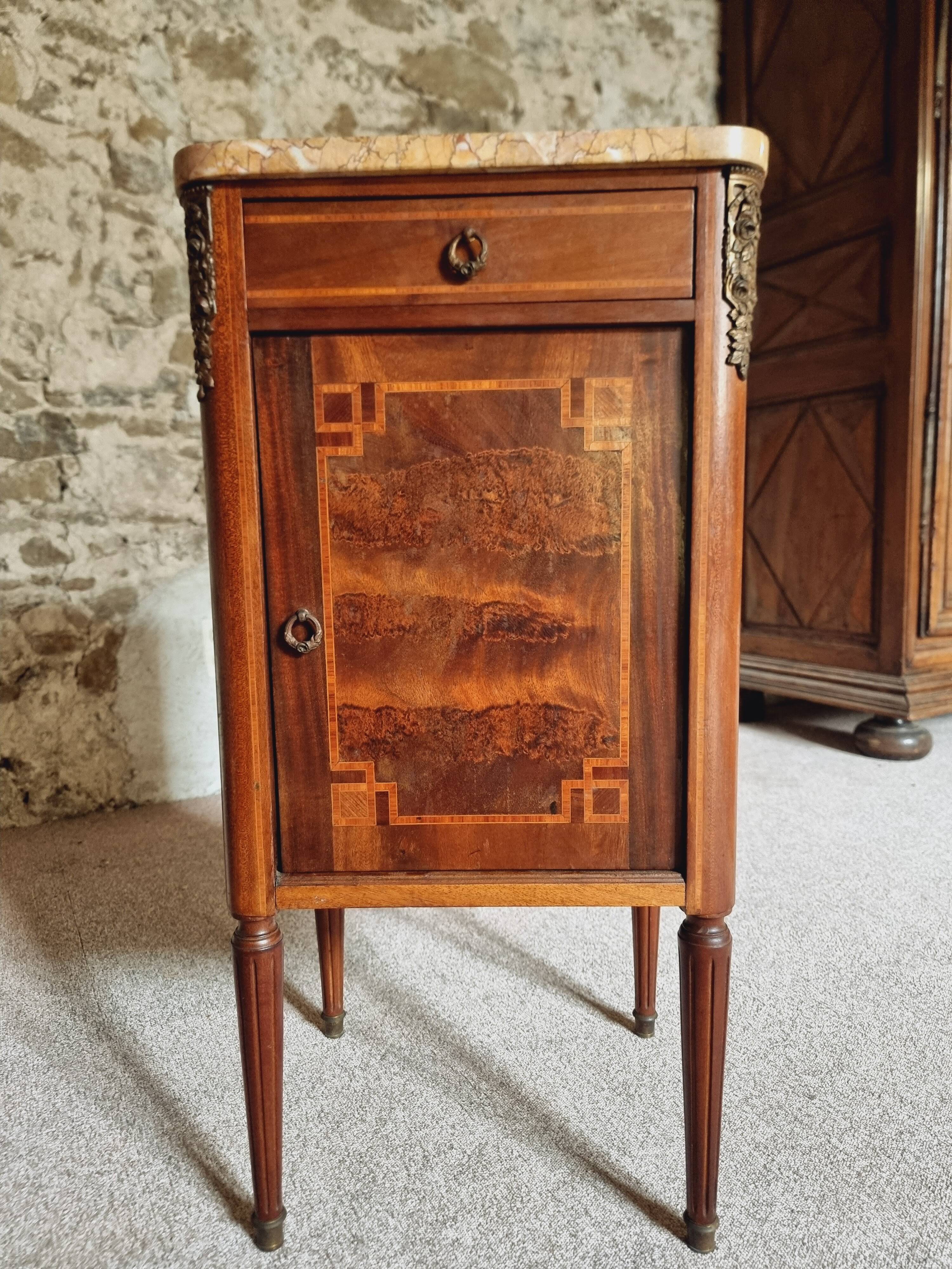 Antique French mahogany and walnut bedside table with marble top