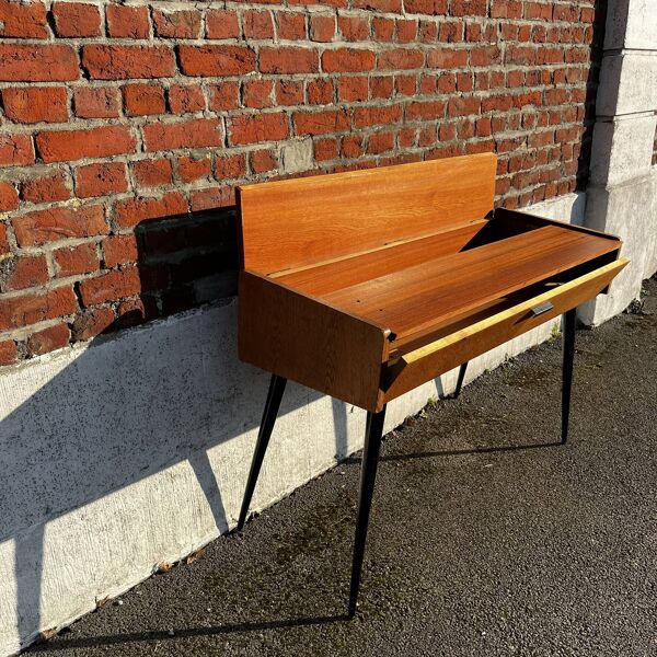 Console / bureau vintage en bois, pied compas