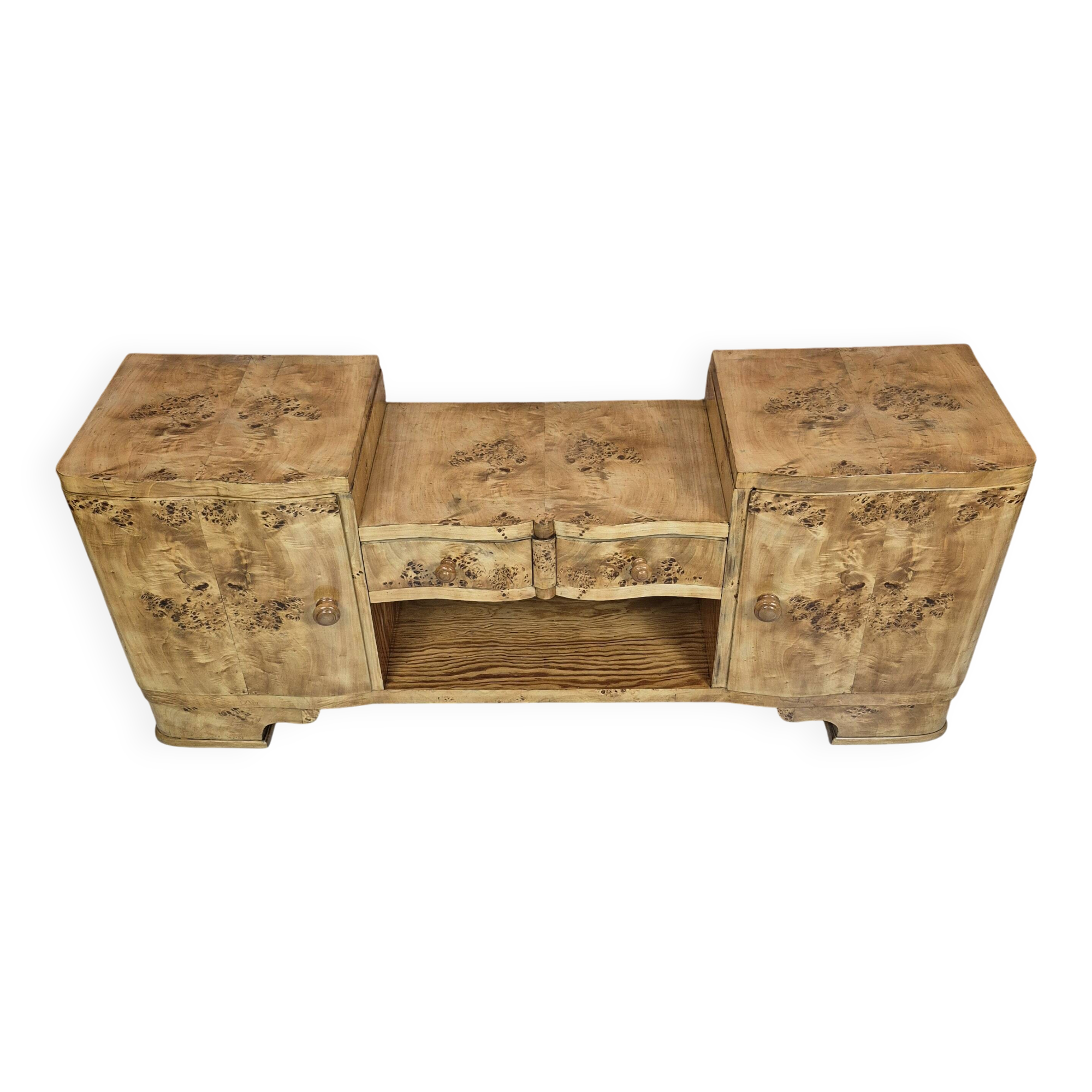 Rare Low Art Deco Blonde Burl TV Console Sideboard - 1930s Fully Restored