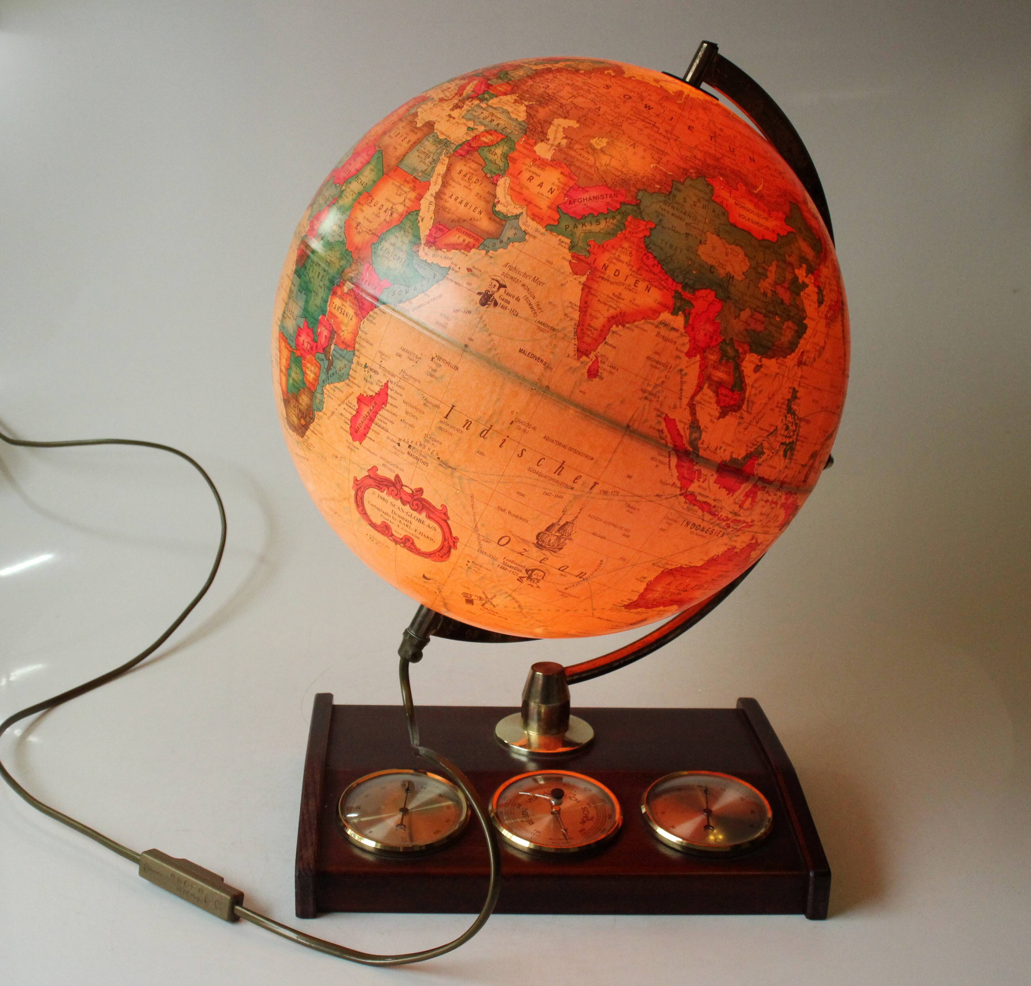 1980s danish illuminated globe (Scan-Globe) on a wooden foot with weather station