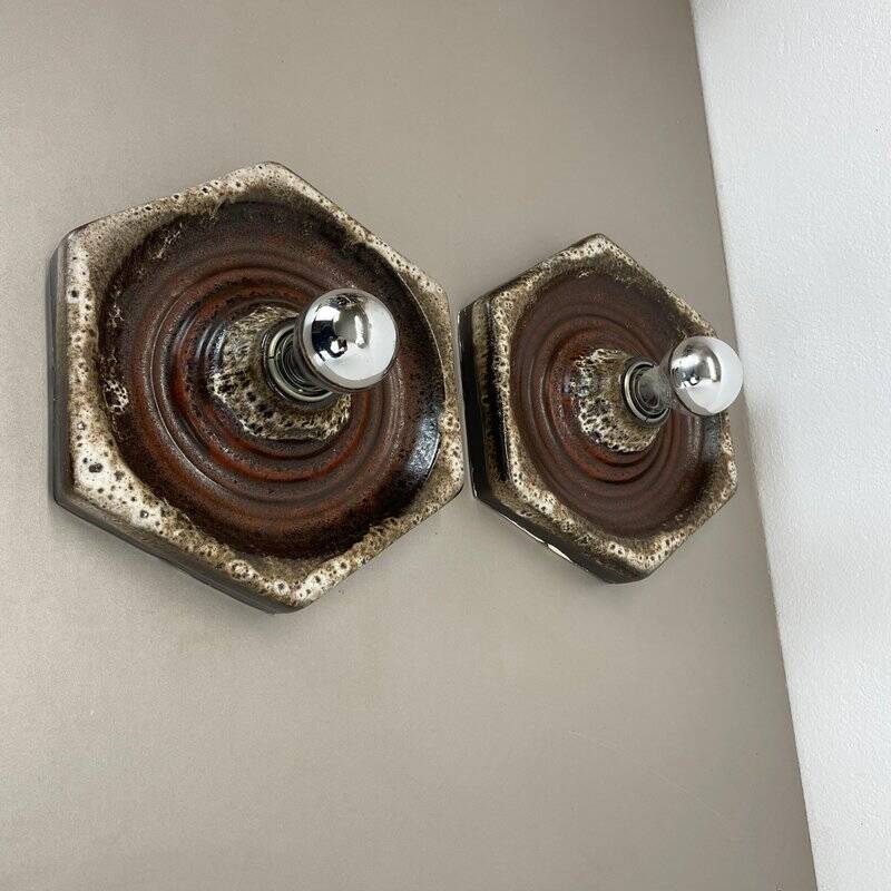 Modernist fat lava ceramic wall lamps by Pan Ceramics, Germany, 1970s, set of 2