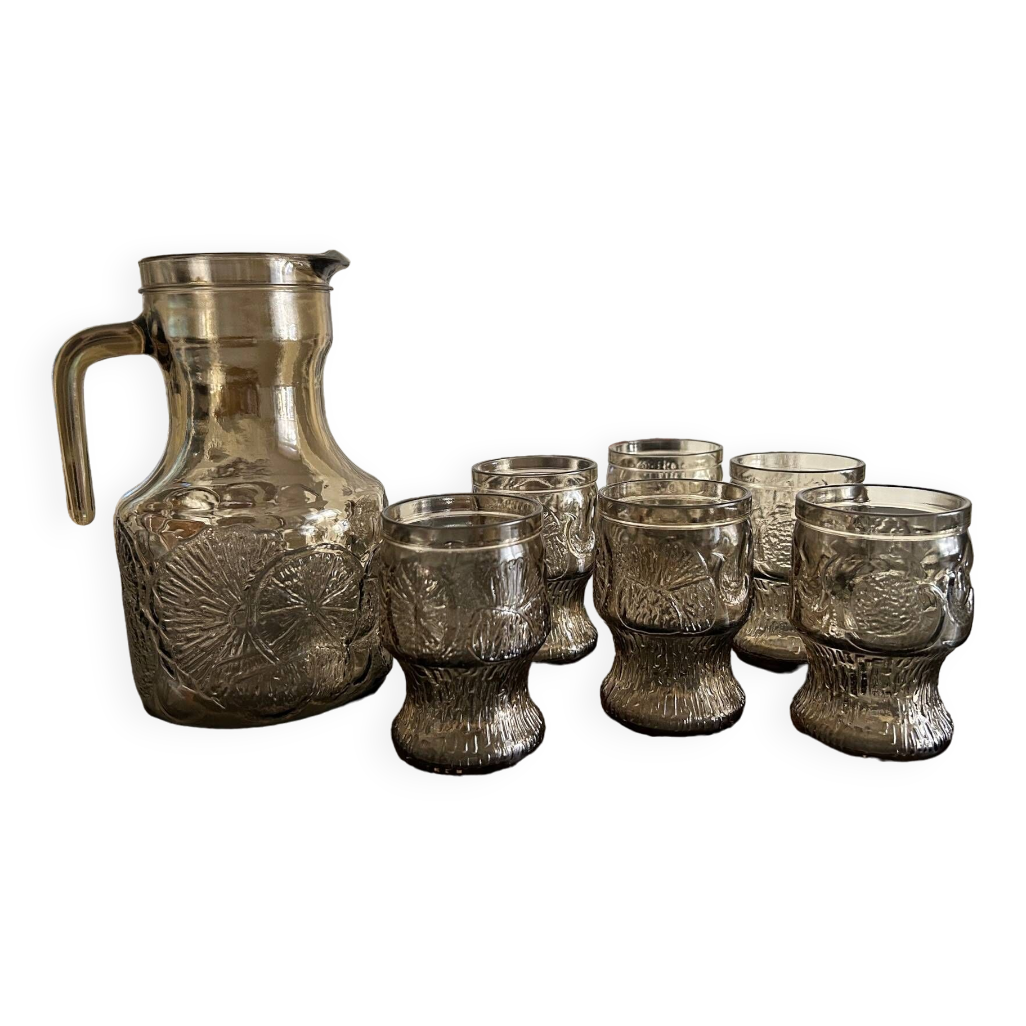 Pitcher and 6 orangeade glasses 1970