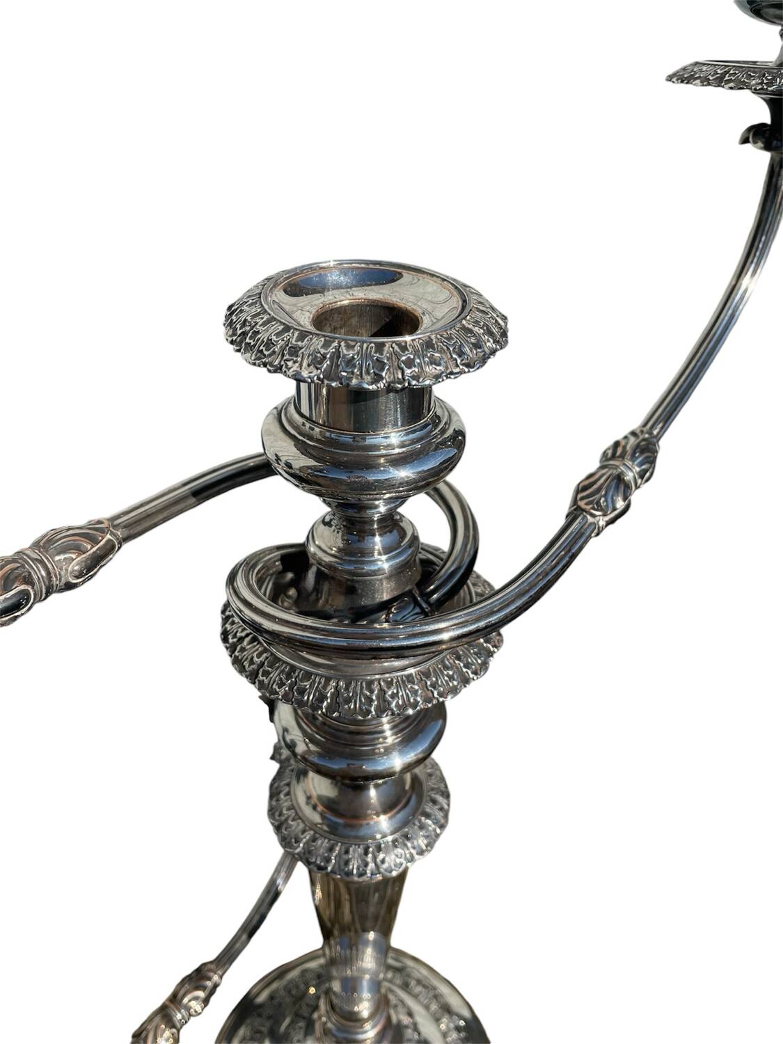 Pair of convertible three-light candelabra in silver-plated metal.