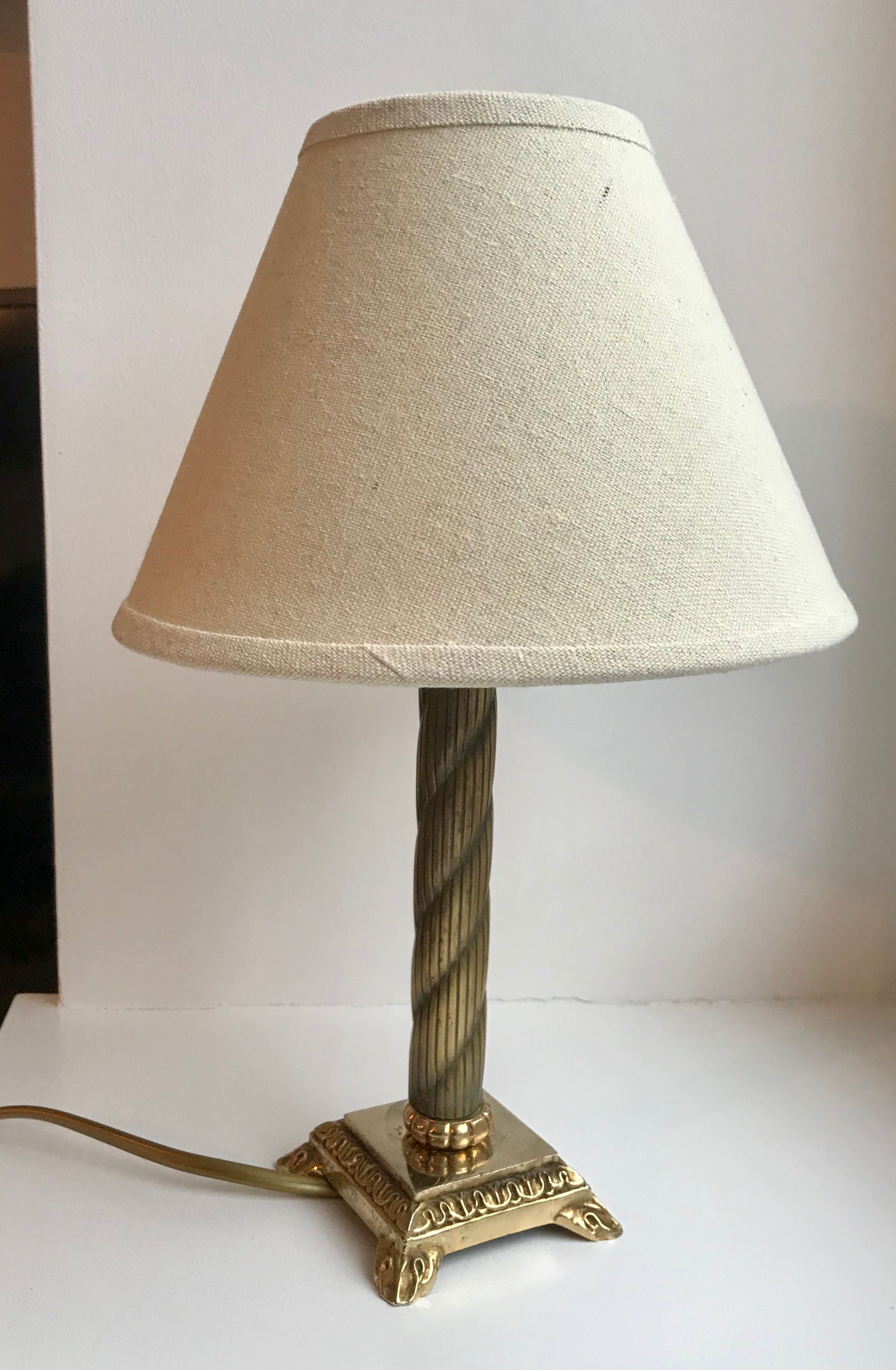 Brass table lamp and linen lampshade 50s