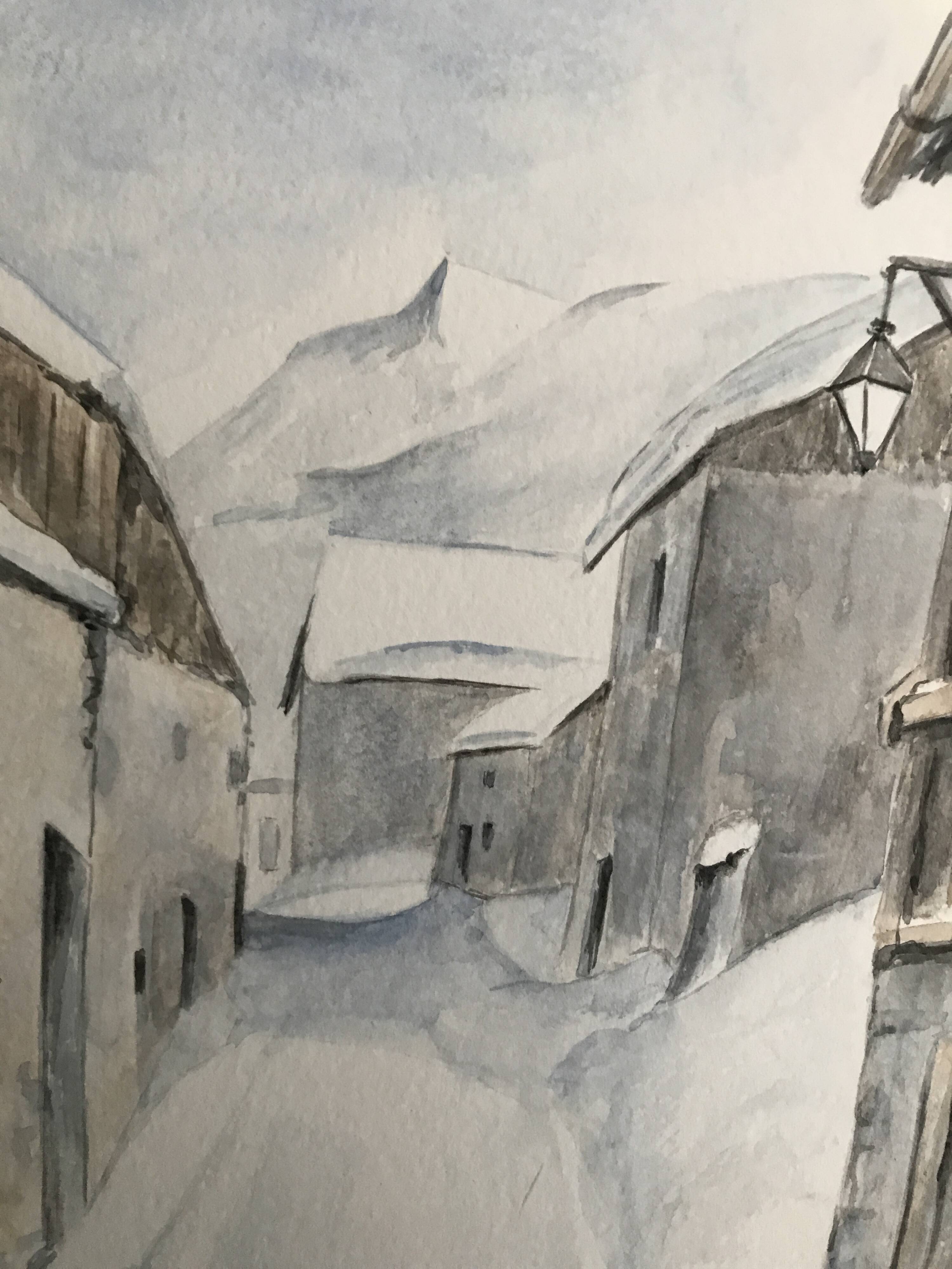 Aquarelle ruelle village montage enneigée