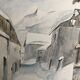 Aquarelle ruelle village montage enneigée