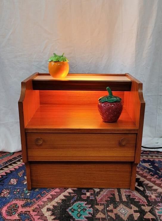 Bedside wood veneered teak, illuminating, 70s