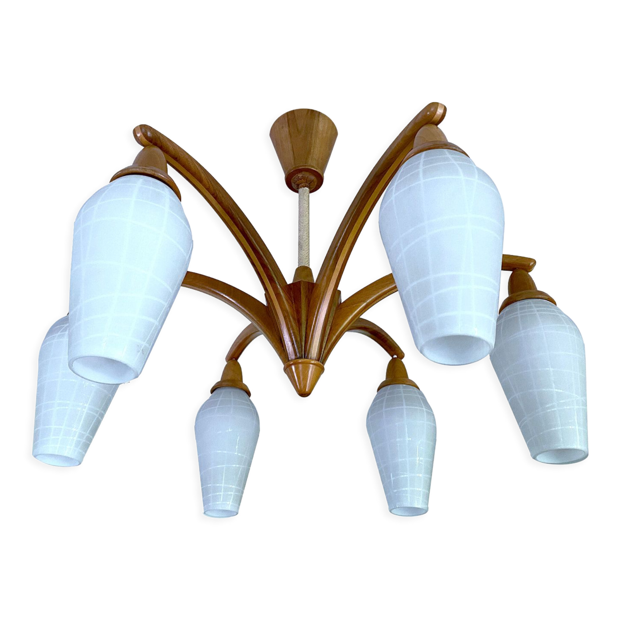 Vintage Pendant Lamp Scandinavian Temde, Wood and Opal Glass, 60s