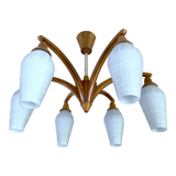 Vintage Pendant Lamp Scandinavian Temde, Wood and Opal Glass, 60s