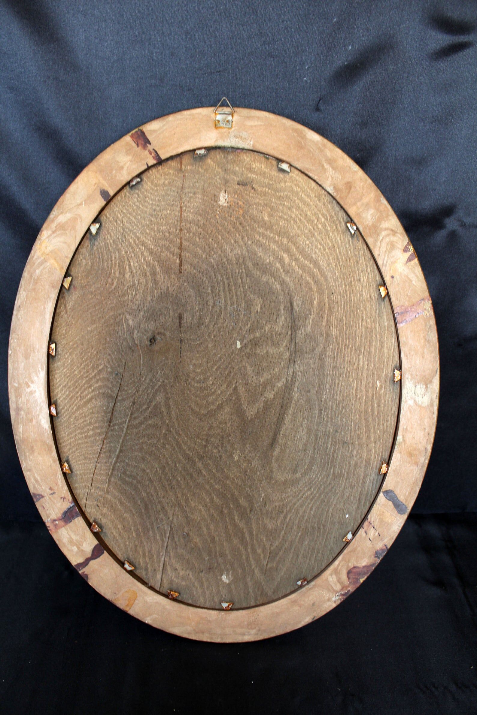 Antique vintage painting on wood, still life, oval frame, pink roses flower bouquet, signed, antique