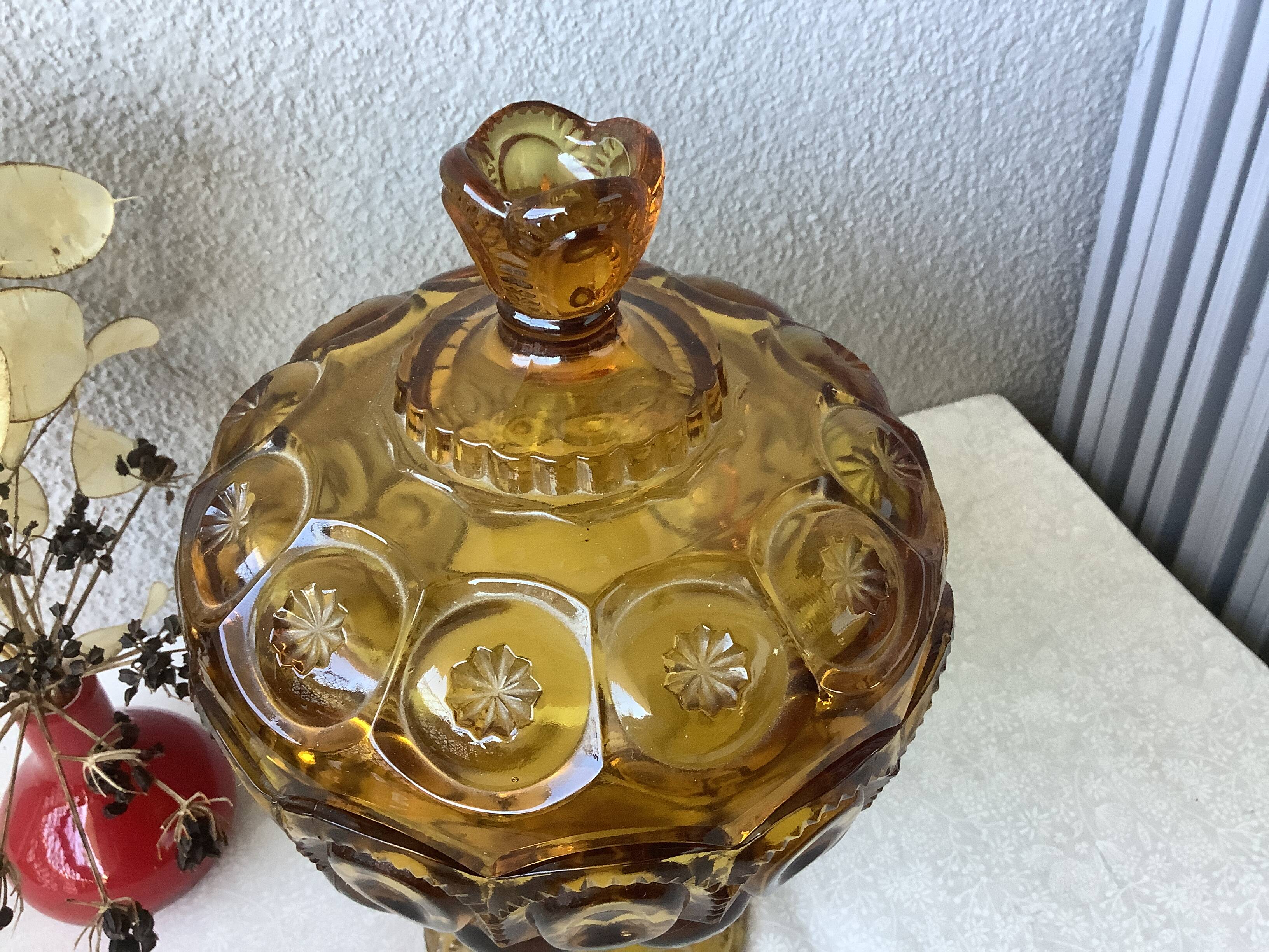 Bonbonnière à compote en verre moulé ambré l.e. moon & stars, piédestal