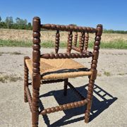Vintage Dutch rustic corner chair bobbin turned oak with rush seating