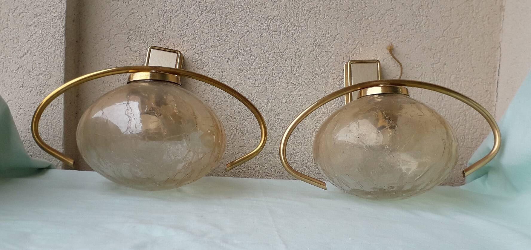 Pair of brass and glass wall lights