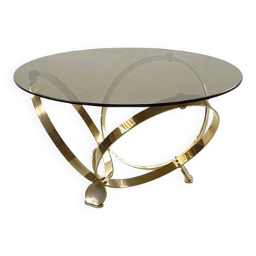 Table basse ronde Knut Hesterberg en laiton avec verre fumé