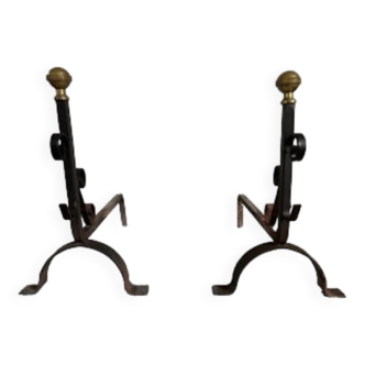 Pair of wrought iron and brass ball