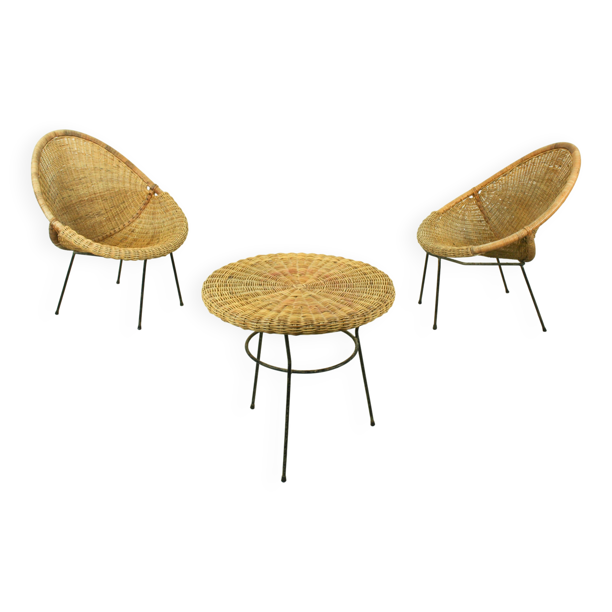 1950s Italian Rattan Basket Chairs & Matching Bistro Table Set