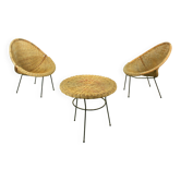 Chaises en rotin italiennes des années 1950 et ensemble de table bistro assorti