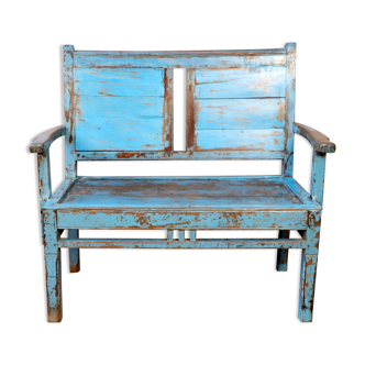 Ancien banc 2 places en teck birman avec  patine bleue d'origine